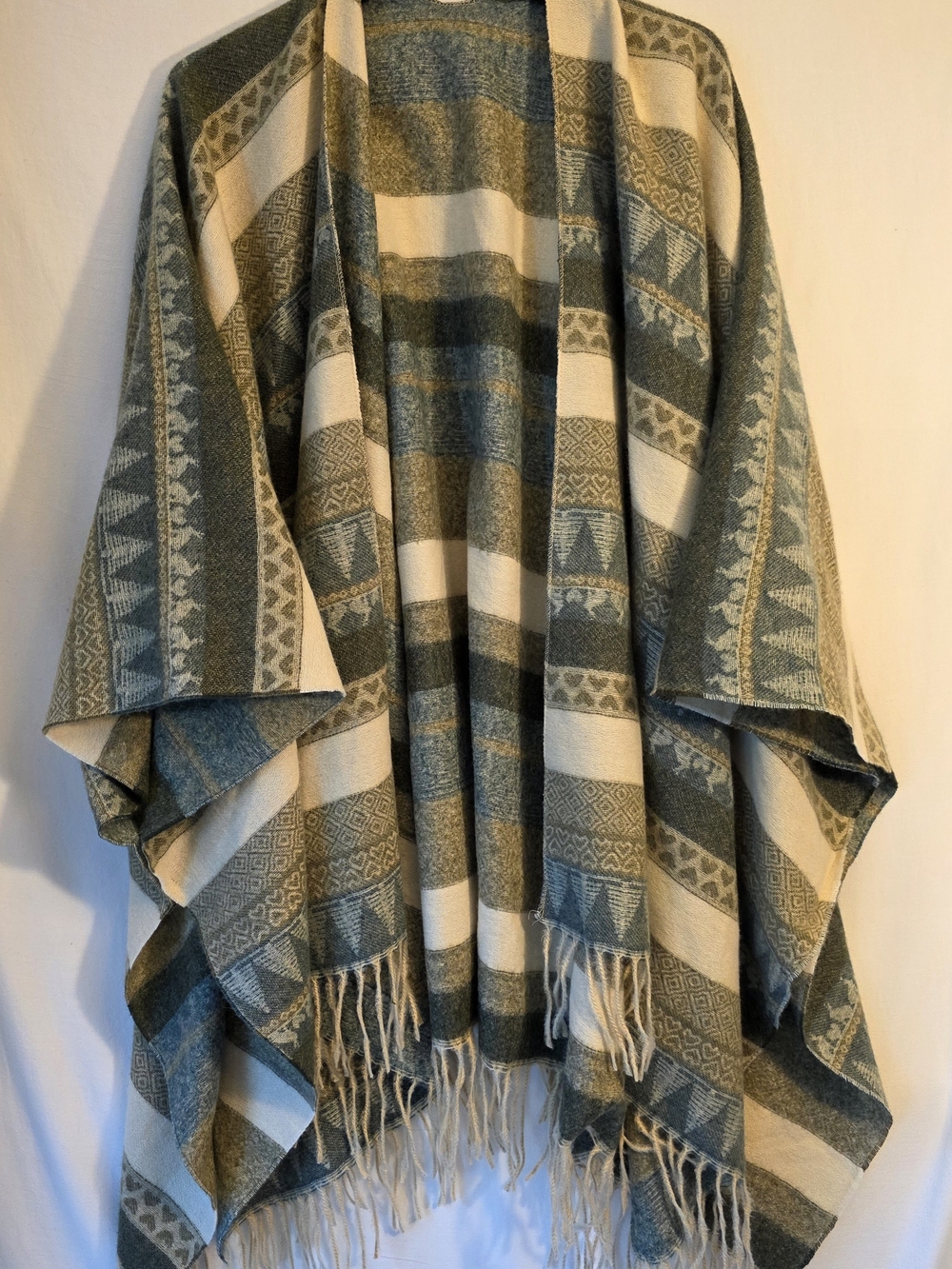 Women's Olive Green and Cream Patterned Fringe Poncho Sweater